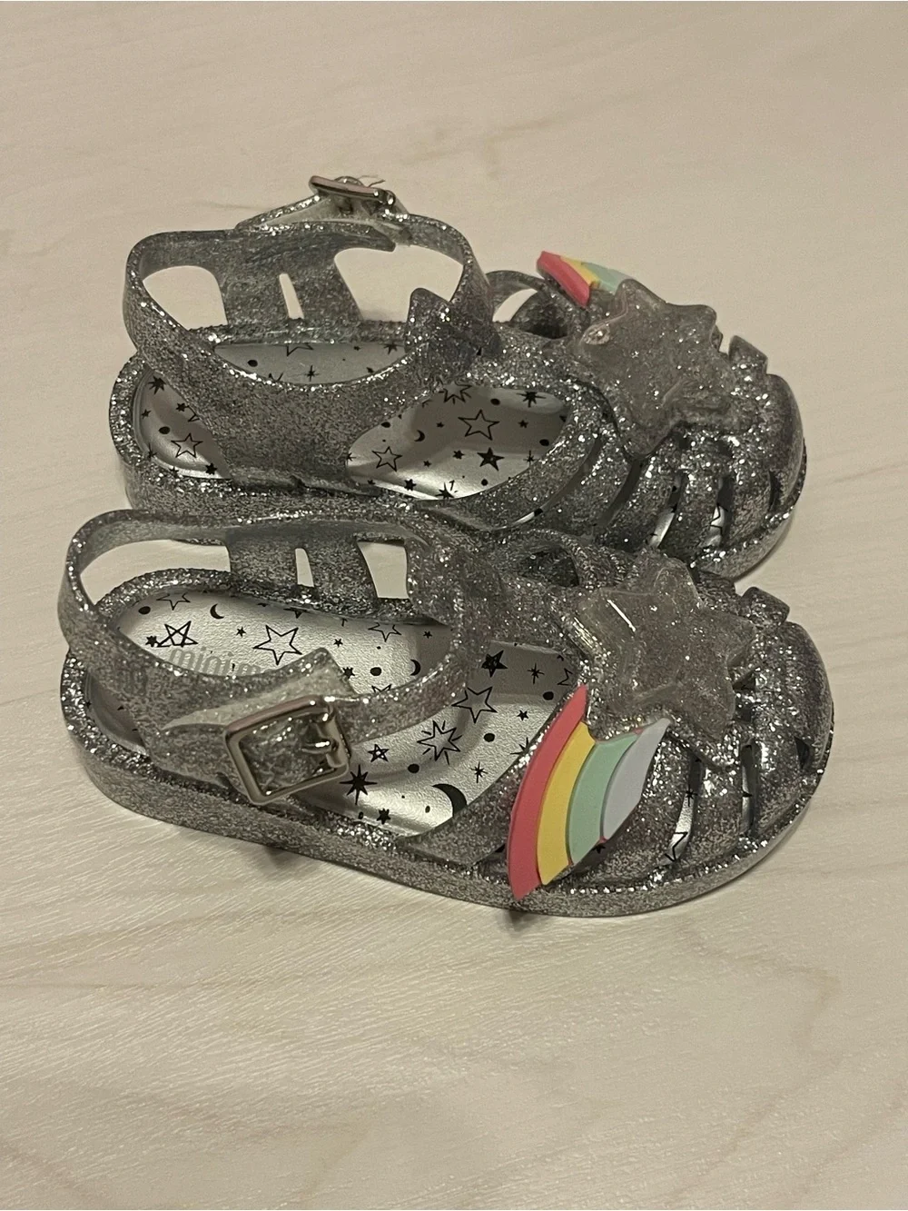 Mini Melissa Silver Glitter Jelly Sandals with Rainbow Star Charm